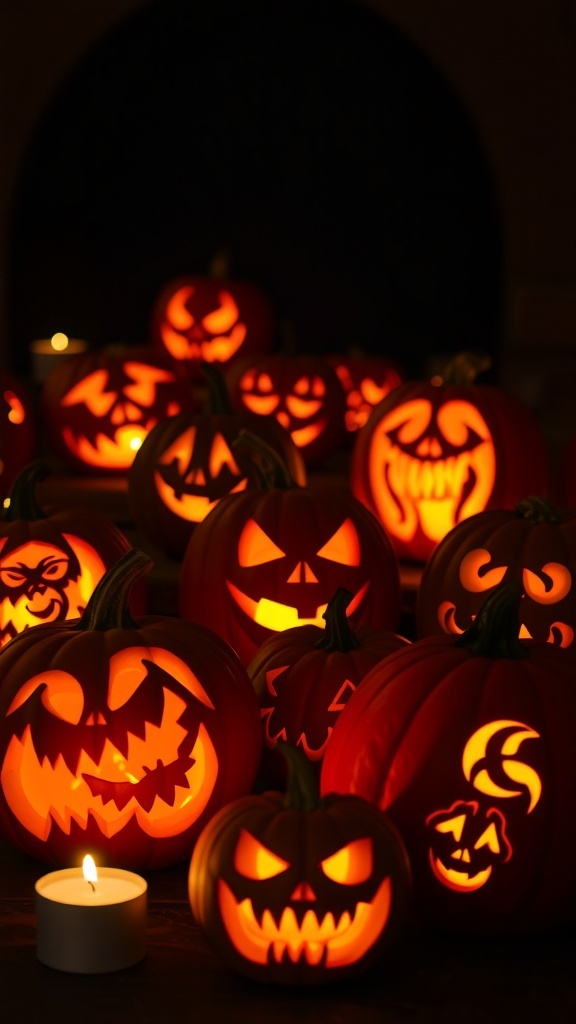 A collection of carved pumpkins with various spooky faces illuminated from within.