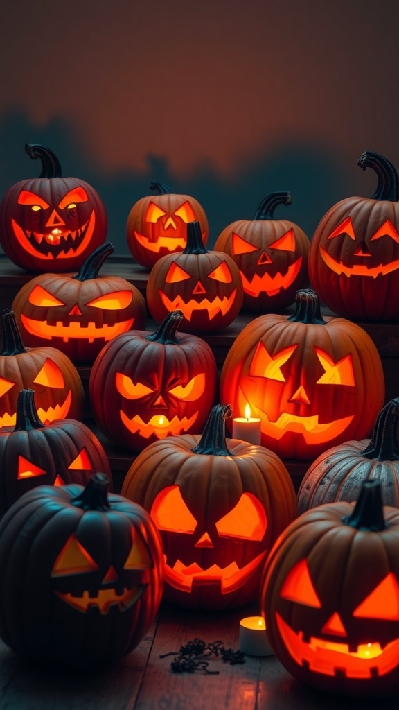 A collection of carved pumpkins with various expressions, glowing in the dark.