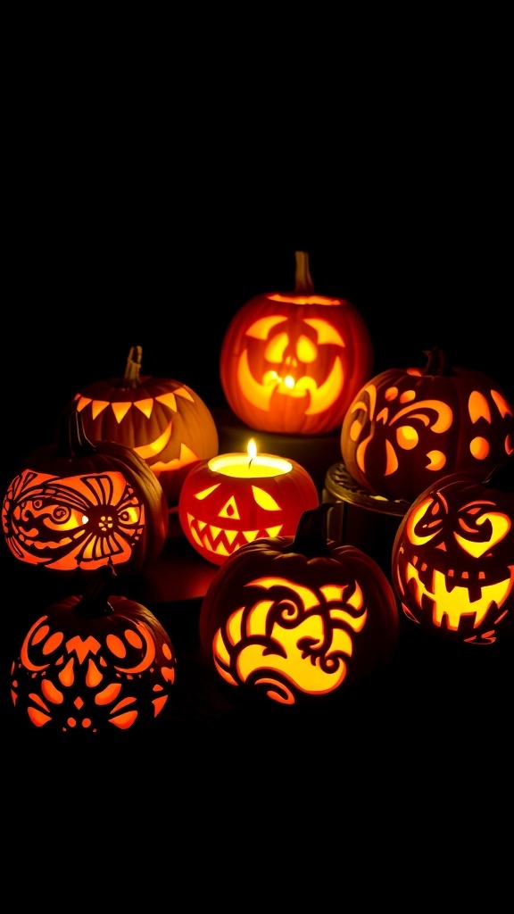 A collection of carved pumpkins glowing in the dark, showcasing various spooky designs.