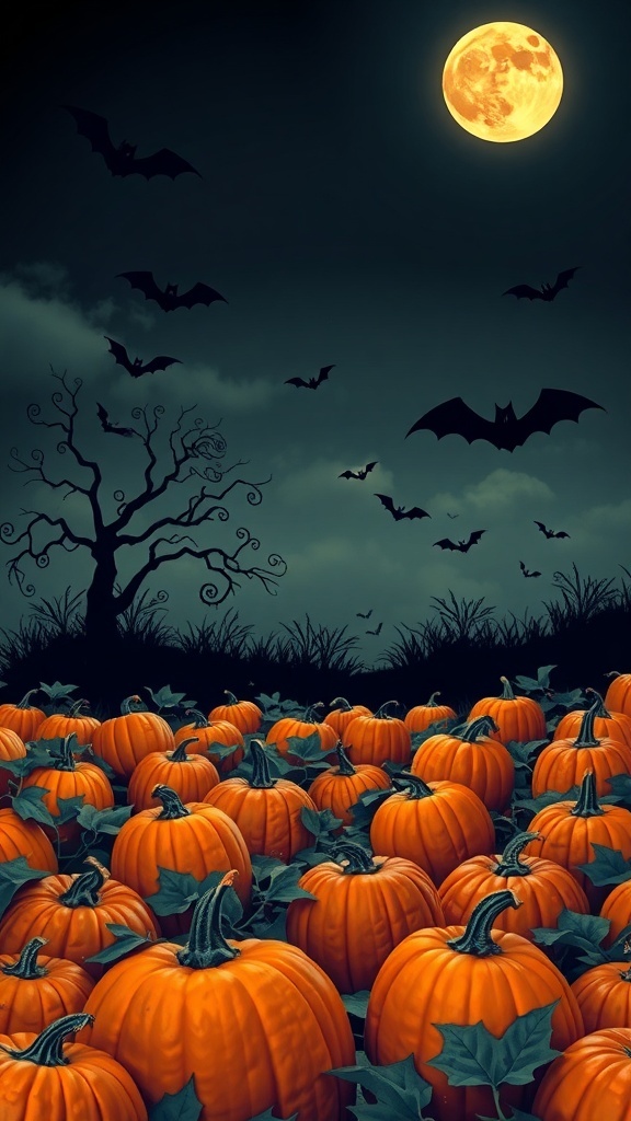 A spooky pumpkin patch under a full moon with bats flying in the night sky.