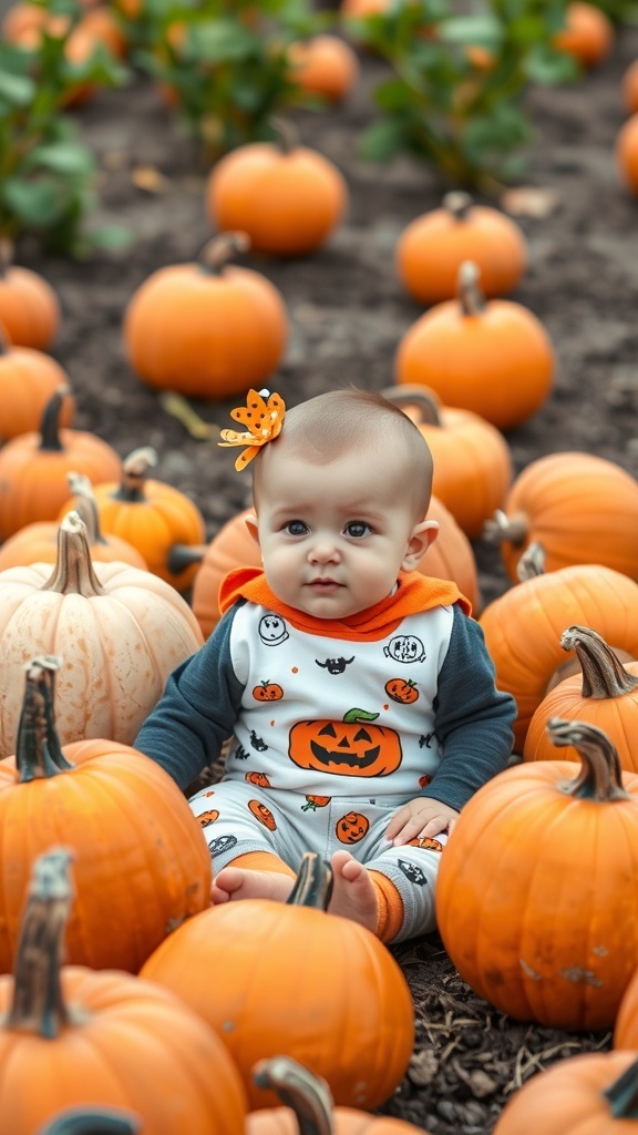 A nine-month-old baby sitting among pumpkins in a pumpkin patch, wearing a Halloween-themed outfit.