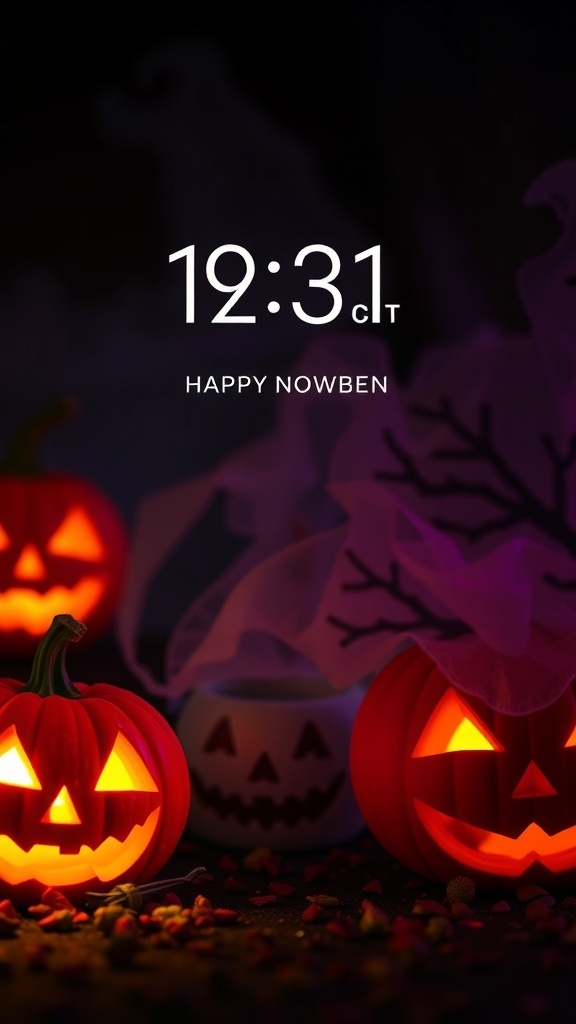 A Halloween-themed lockscreen featuring glowing jack-o'-lanterns and colorful candy.