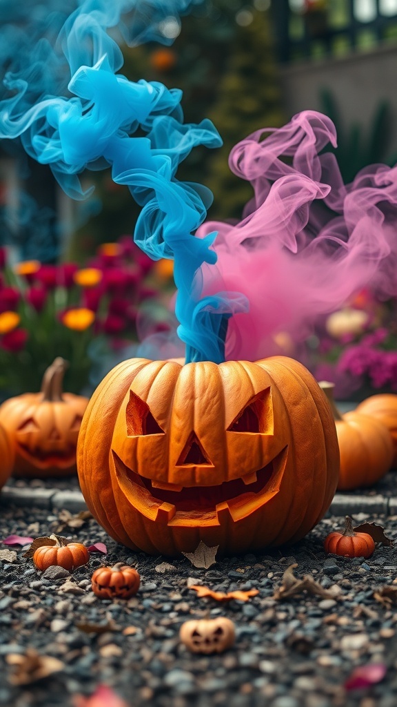 A carved pumpkin with blue and pink smoke for a Halloween gender reveal