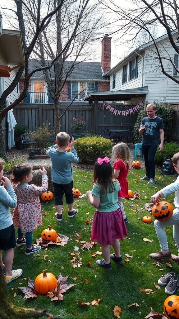 Children participating in a Halloween scavenger hunt in a backyard filled with pumpkins.