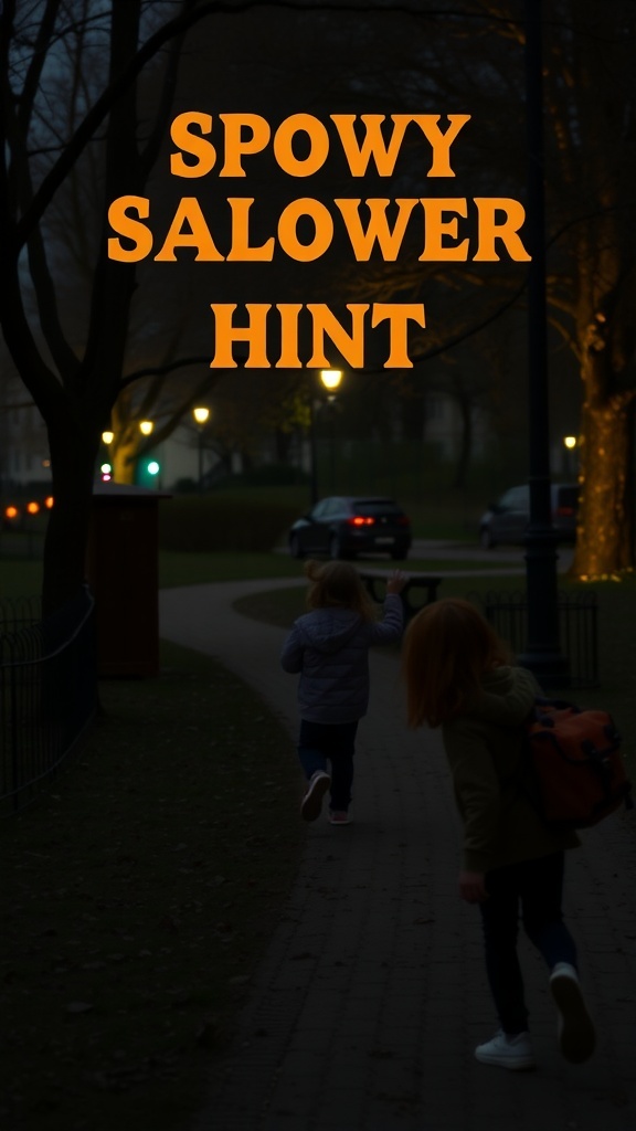 Two children running down a path during a spooky scavenger hunt