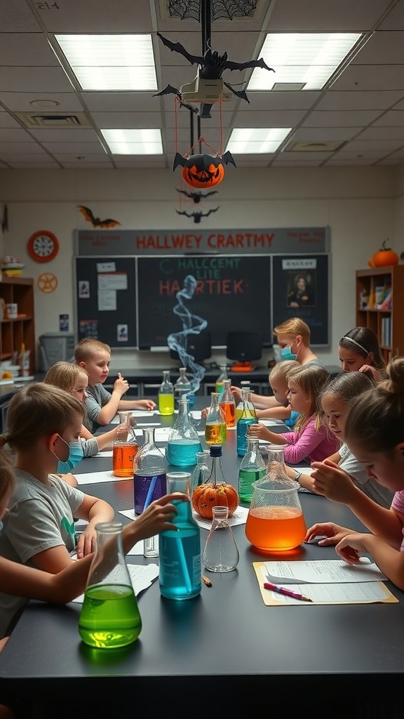 A classroom with 6th graders conducting science experiments for Halloween, surrounded by colorful liquids and festive decorations.