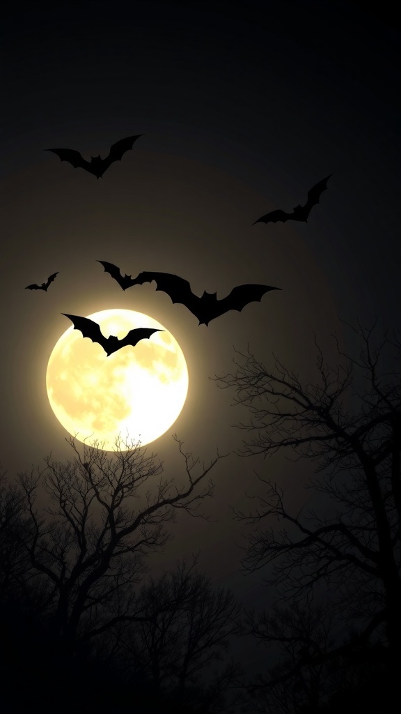 A moonlit sky with bats flying against a large, glowing moon and bare tree branches.