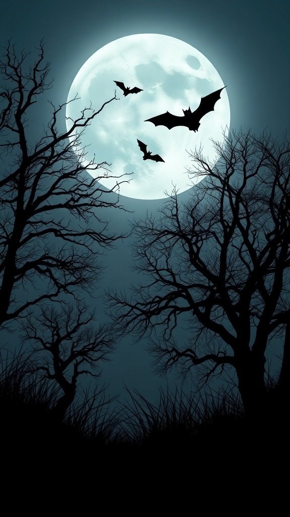 A spooky silhouette scene with a large moon, bare trees, and bats flying in the night sky.