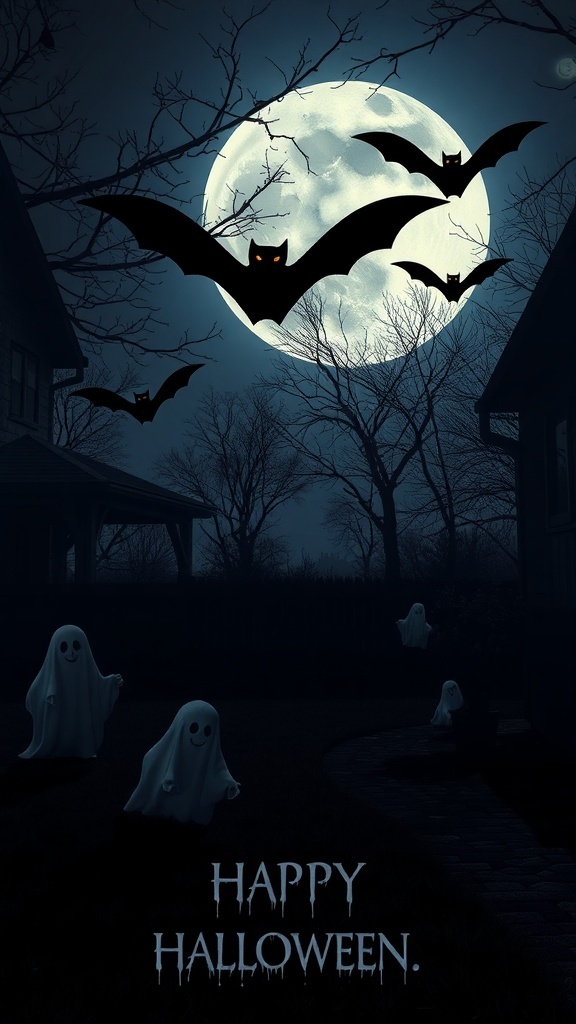 A spooky Halloween scene with ghosts and bats silhouetted against a full moon.