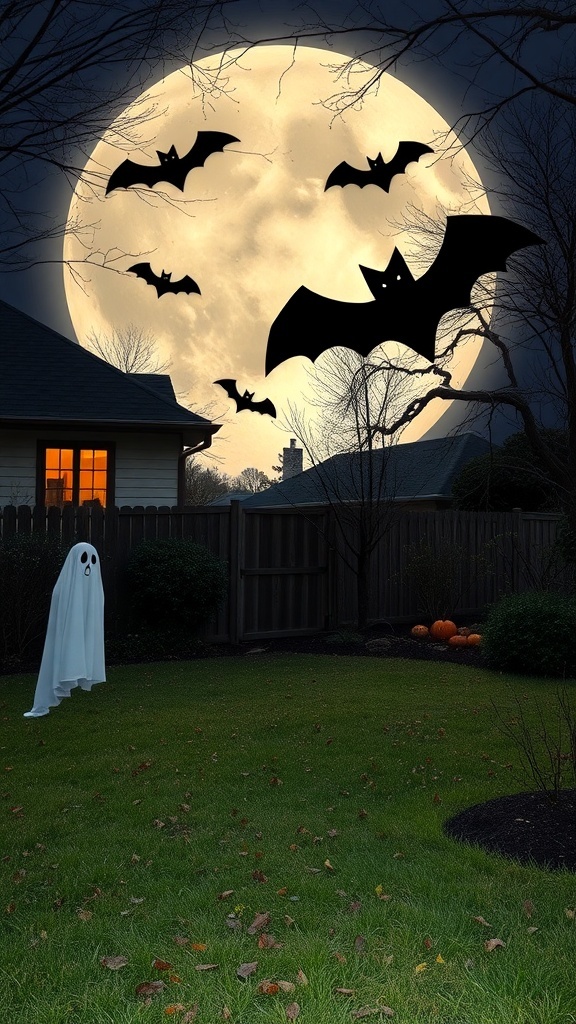 A spooky Halloween yard with a ghost, bats, and a full moon in the background.