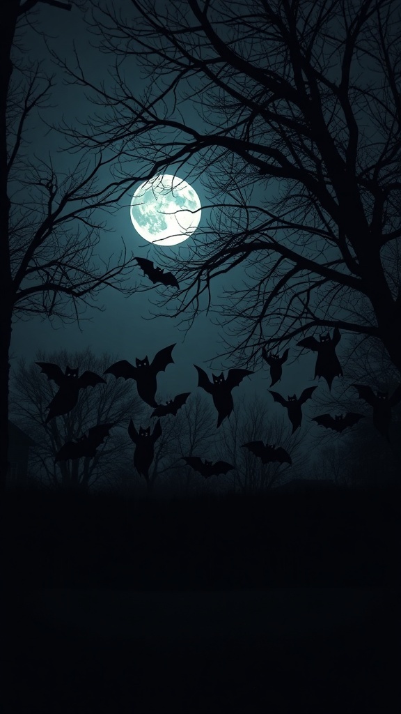 Spooky silhouettes of bats against a night sky with a full moon