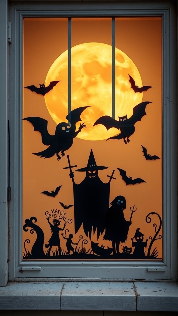 A window decorated with spooky silhouettes including bats, ghosts, and a witch against a glowing moon backdrop.