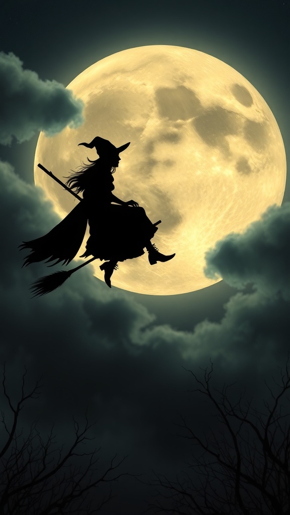 A silhouette of a witch flying on a broomstick against a full moon, surrounded by dark clouds.