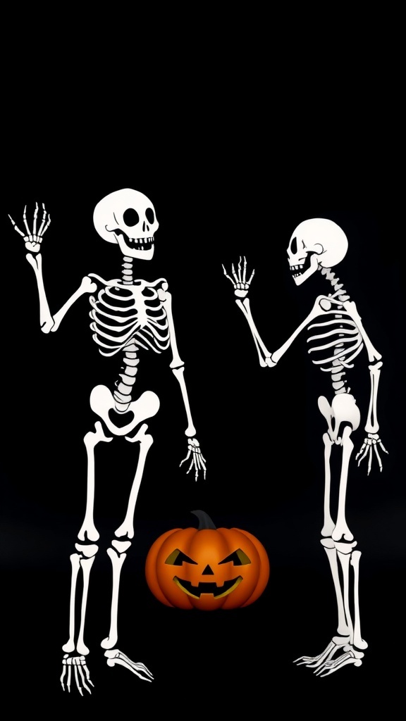 Two skeletons waving with a pumpkin in the center