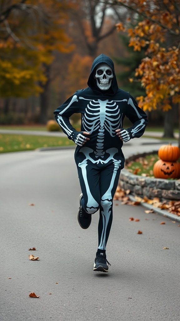 A runner in a skeleton costume jogging along a path with autumn leaves and pumpkins in the background.