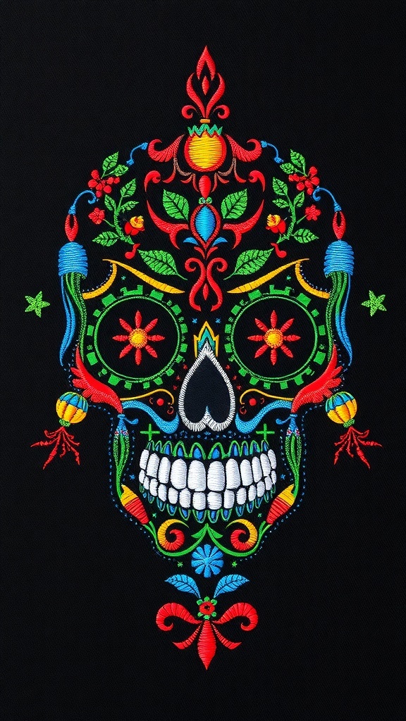 Colorful embroidered skull design with floral patterns on a black background