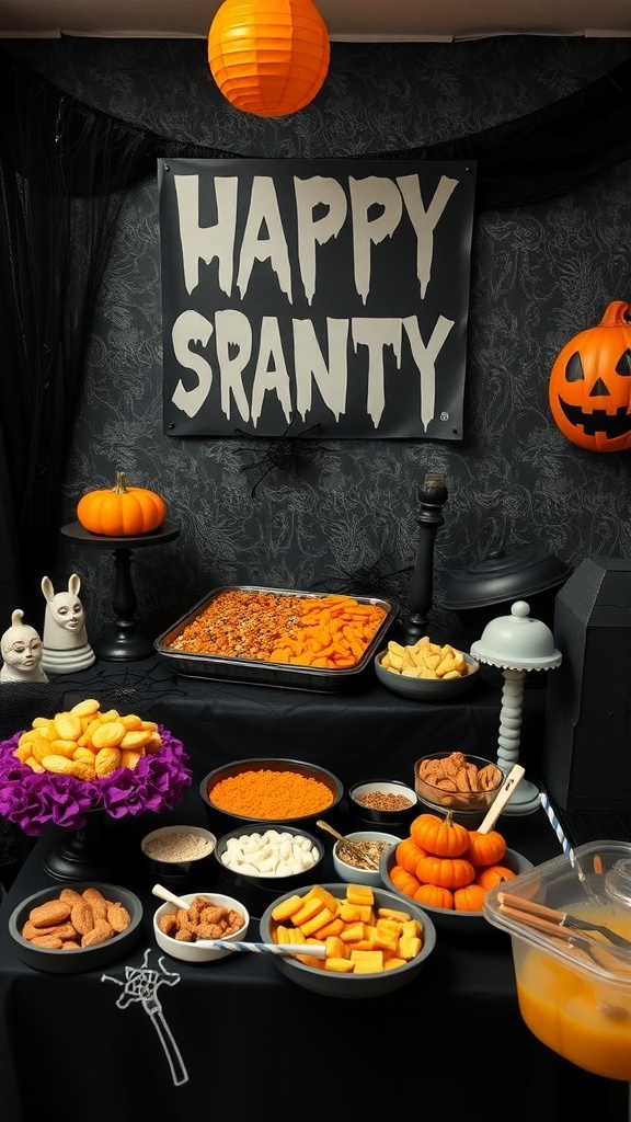 A Halloween-themed snack station with various treats and decorations.