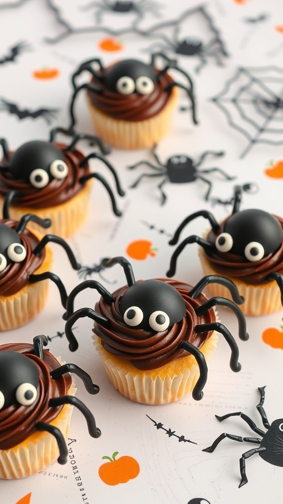 A close-up of spooky spider cupcakes with chocolate frosting and candy spiders on top.