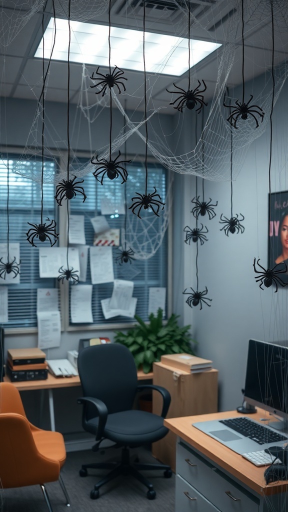An office decorated with spider webs and plastic spiders hanging from the ceiling.