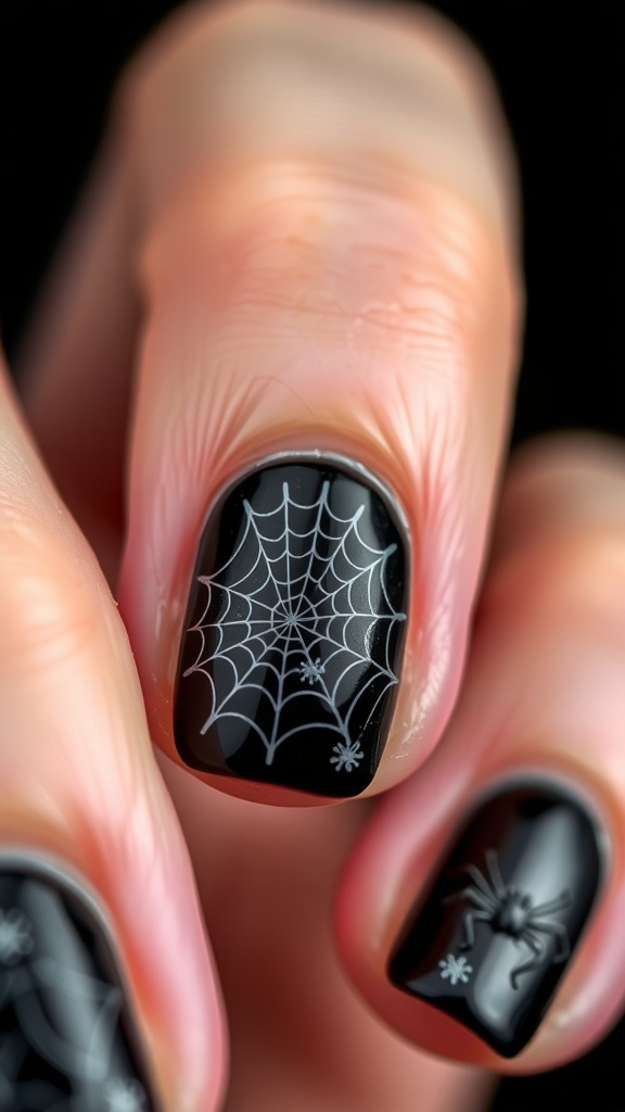 Close-up of Halloween-themed gel nails featuring a spider web design in black and white.