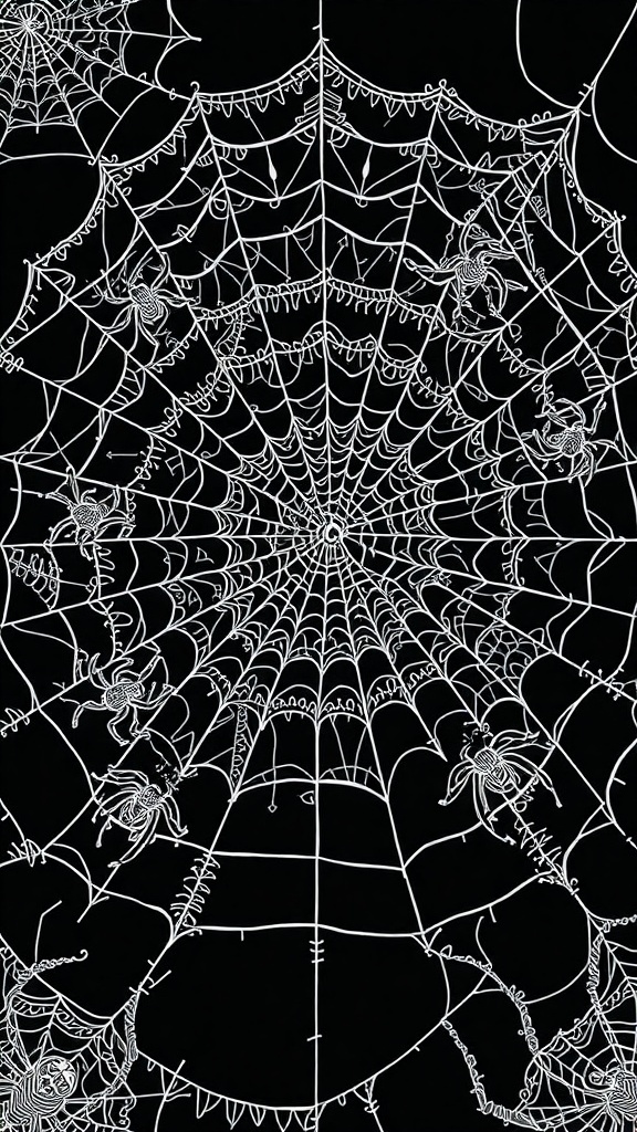 Intricate spider web design with playful spiders on a black background