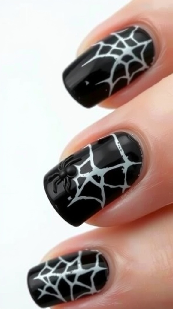 Nails painted black with white spiderweb designs and a small spider.