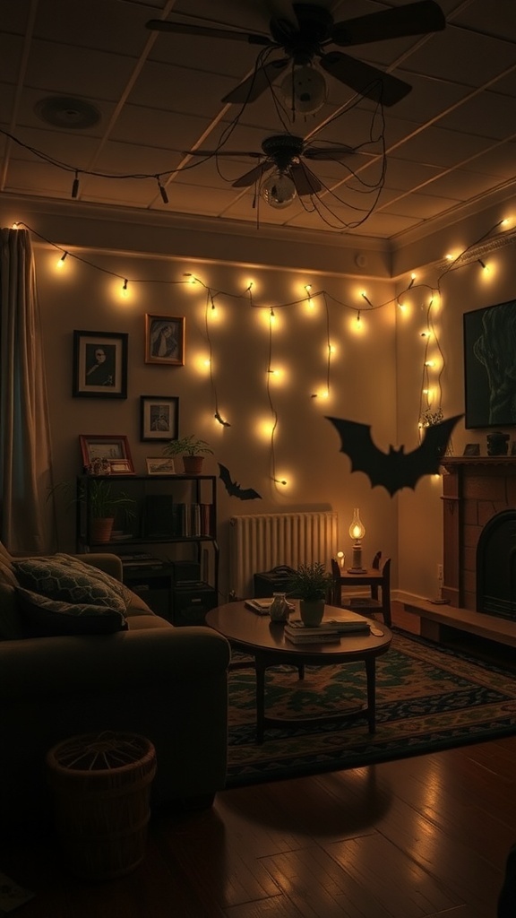 A cozy living room decorated with spooky string lights and bat cutouts for Halloween.