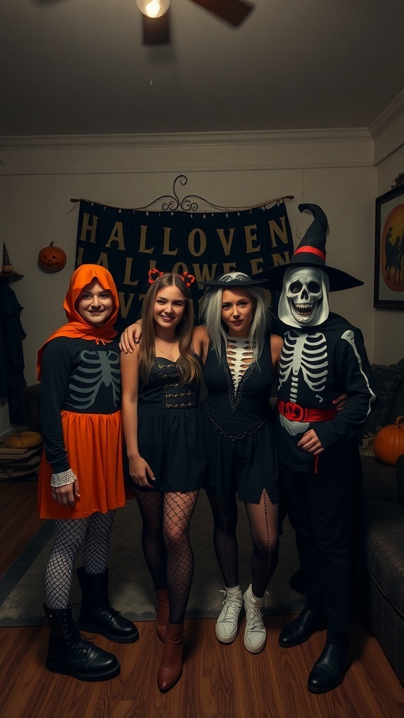 Four friends in Halloween costumes, featuring skeletons and a witch, posing together.