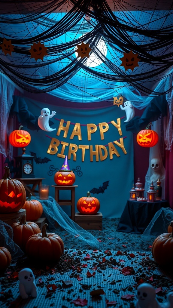 A Halloween birthday decoration setup featuring pumpkins, ghosts, and a 'Happy Birthday' banner.