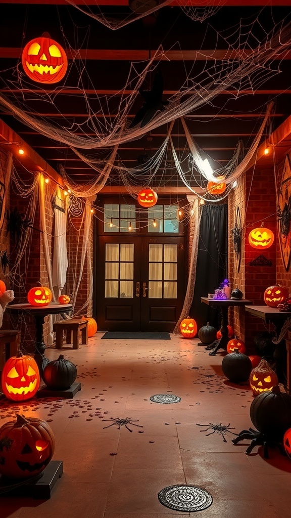 A spooky Halloween entrance decorated with jack-o'-lanterns, spider webs, and scattered leaves.
