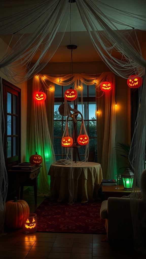 A cozy room decorated for Halloween with glowing jack-o'-lanterns, cobwebs, and pumpkins.