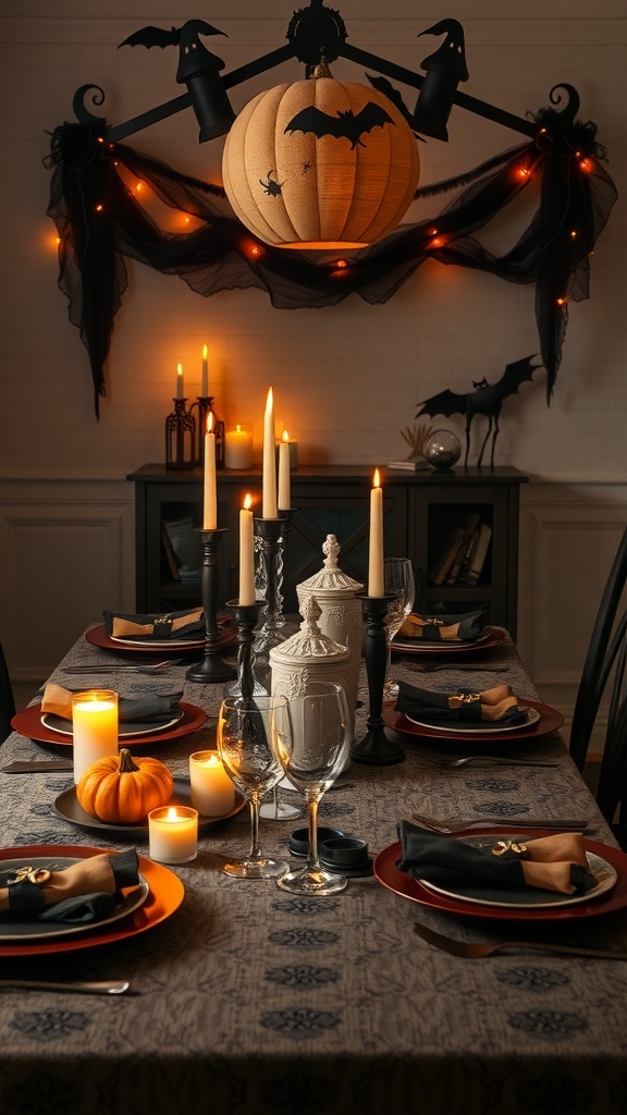 A spooky themed dinner table decorated for Halloween with candles, a pumpkin, and elegant tableware.