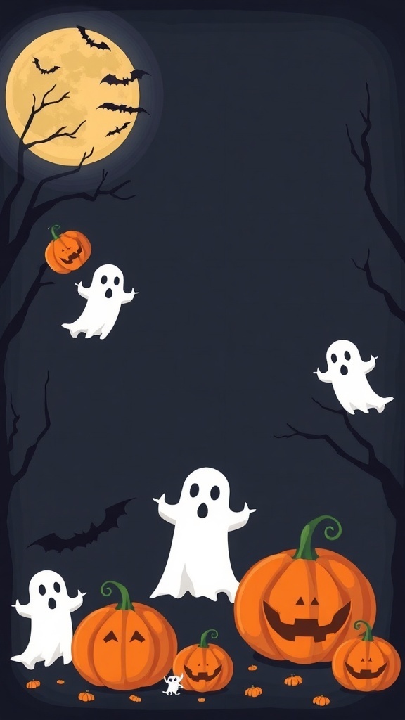 A spooky Halloween scene with ghosts and pumpkins under a full moon.