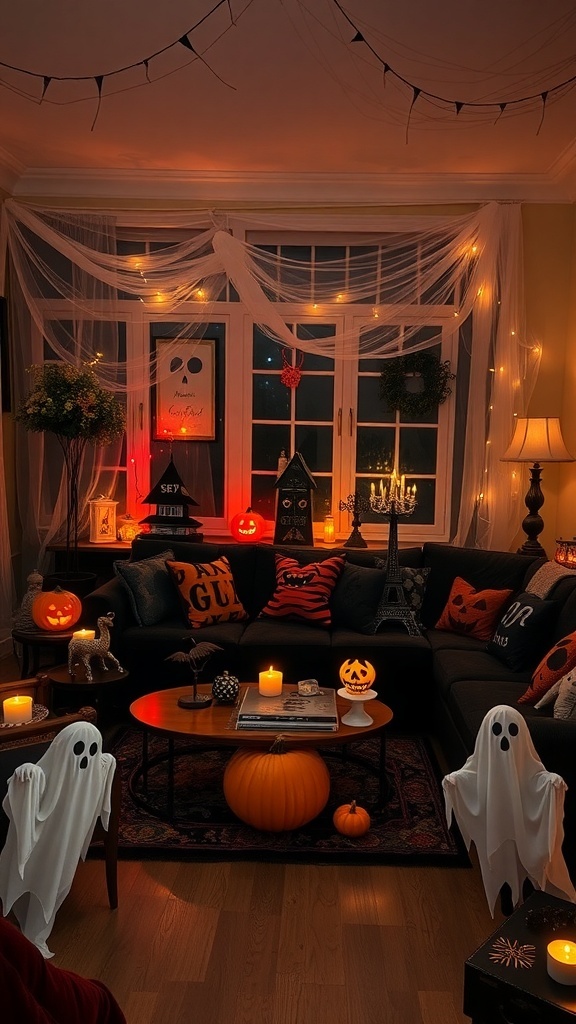 A cozy living room decorated for Halloween with pumpkins, ghost decorations, and warm lighting.