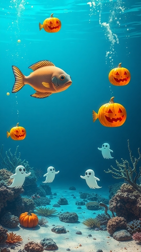 An underwater scene featuring floating pumpkins and ghost decorations with a fish swimming by.