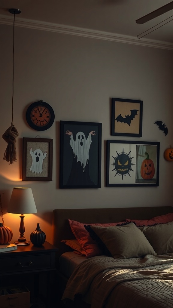 A cozy bedroom with Halloween-themed wall art, including ghosts, bats, and pumpkins.