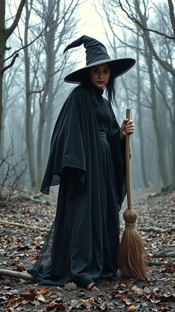 A witch in a dark gown and pointed hat, holding a broomstick in a foggy forest.