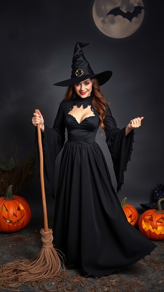 A woman in a black witch costume with a broomstick, surrounded by carved pumpkins and a full moon.