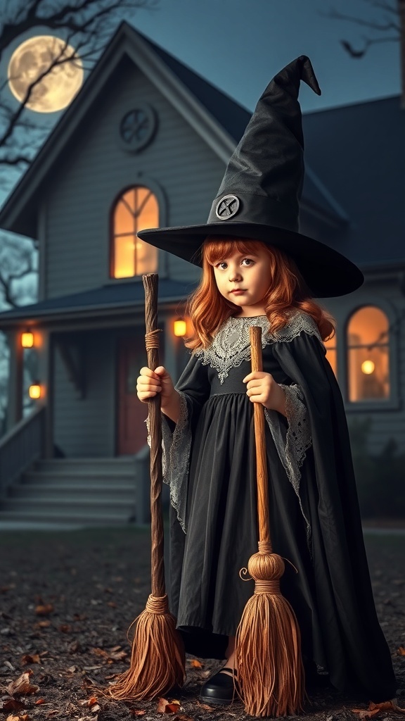 A young girl dressed as a witch with a black dress and pointed hat, holding two broomsticks in front of a spooky house under a full moon.