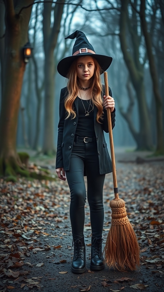Teenage girl dressed as a modern witch in a misty forest, holding a broom
