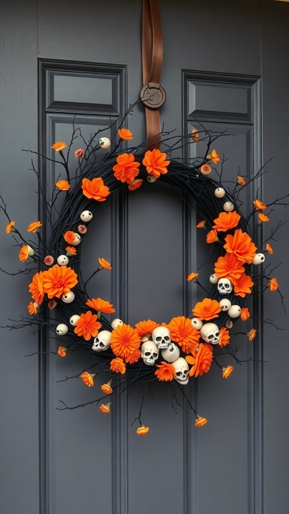 A Halloween wreath featuring orange flowers and skulls on a black base, hanging on a gray door.