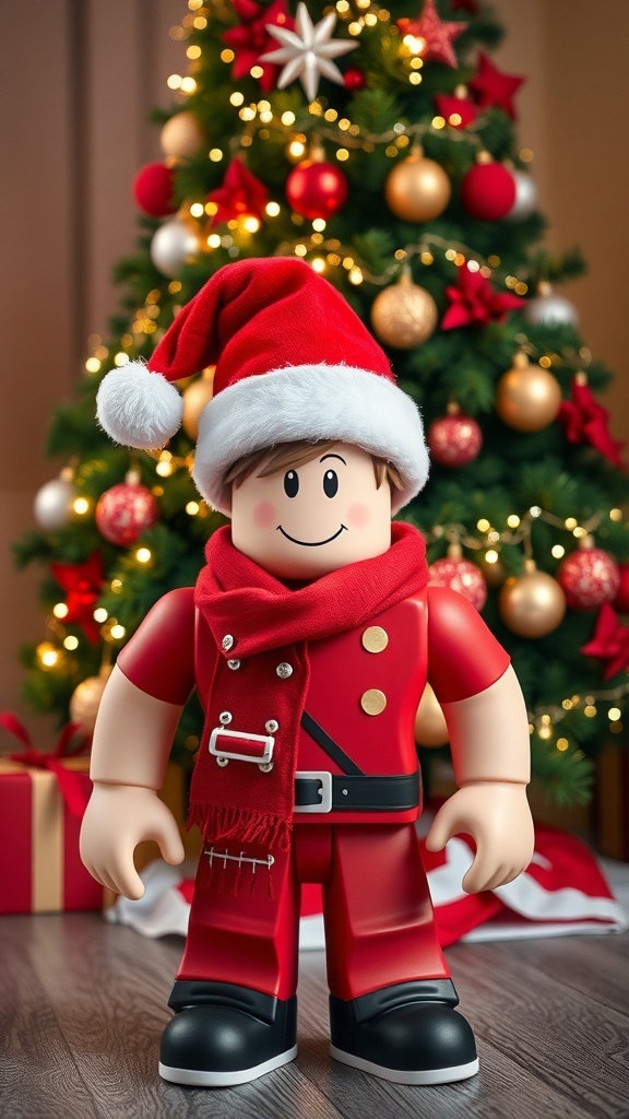A character wearing a red Santa hat and scarf in front of a decorated Christmas tree.