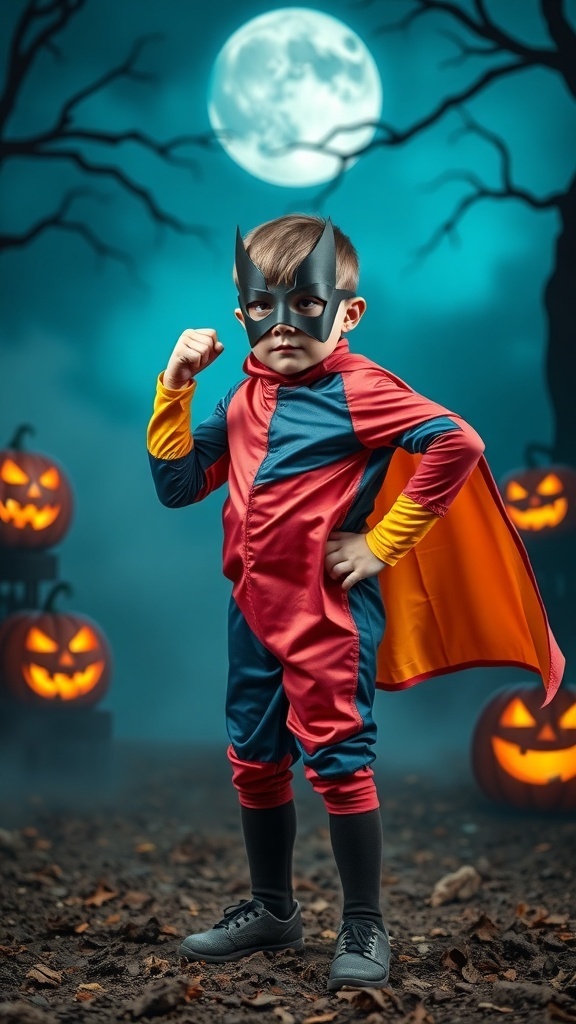 A young boy in a superhero costume with a mask, standing confidently with a moonlit background and pumpkins.