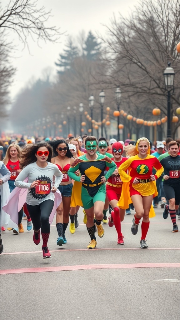 A group of runners in superhero costumes participating in a Halloween 5K event.