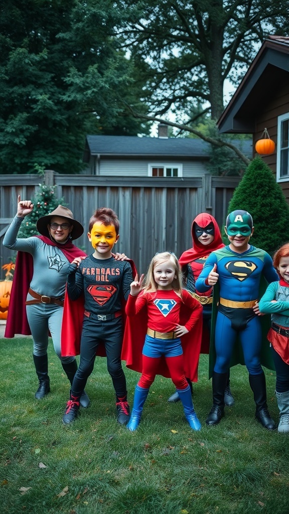 A group of nine kids dressed in superhero costumes, posing in a backyard with pumpkins.