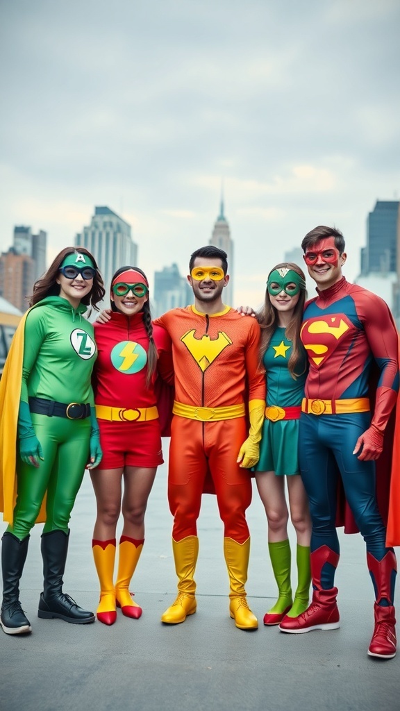 A group of five friends dressed in colorful superhero costumes, standing together with a city skyline in the background.