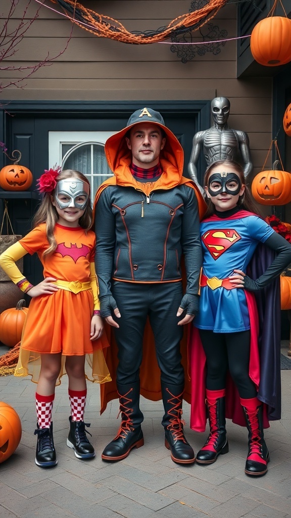 Four friends dressed as superheroes for Halloween, featuring two girls in colorful costumes and a guy in a modern superhero outfit.
