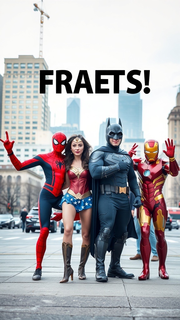 A group of four people dressed as superheroes: Spider-Man, Wonder Woman, Batman, and Iron Man, posing together in a city setting.