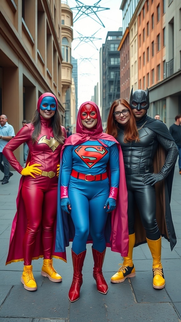 A group of three friends dressed in superhero costumes, standing in a city street.