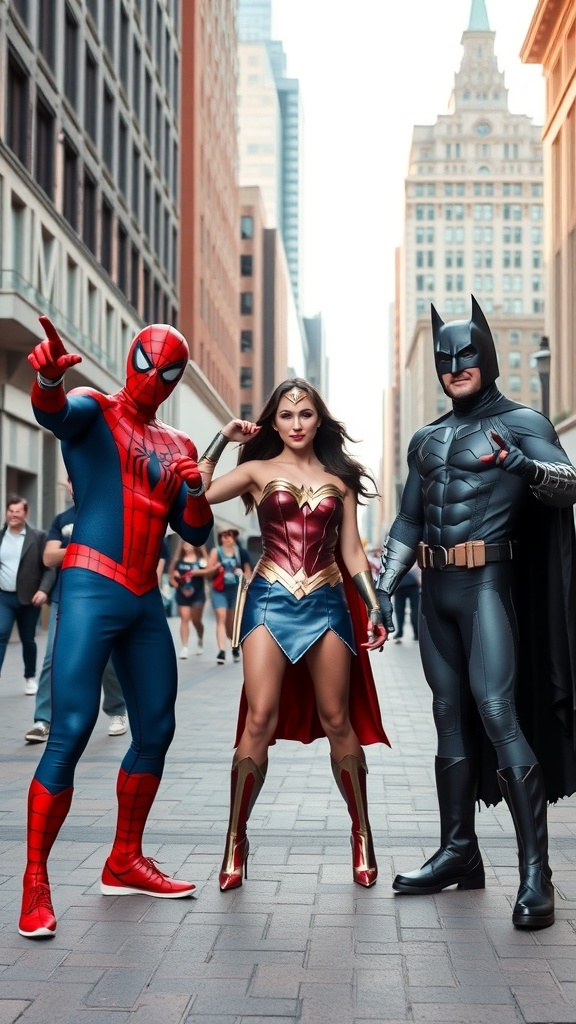 A group of three superheroes: Spider-Man, Wonder Woman, and Batman, posing together in a city setting.